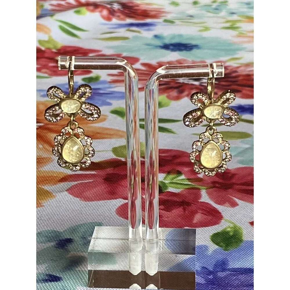 Vintage Gold Tone Crystal Flower Drop Earrings Dangle Rhinestone Art Deco 50s